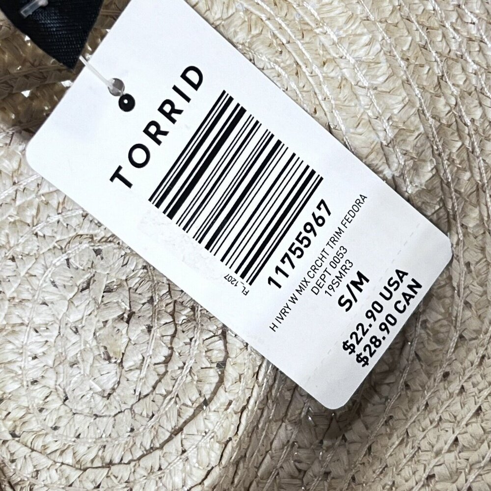 TORRID Tan Woven Hat S/M Crochet Trim Band Natural Sun Fedora Tags - Picture 7 of 7